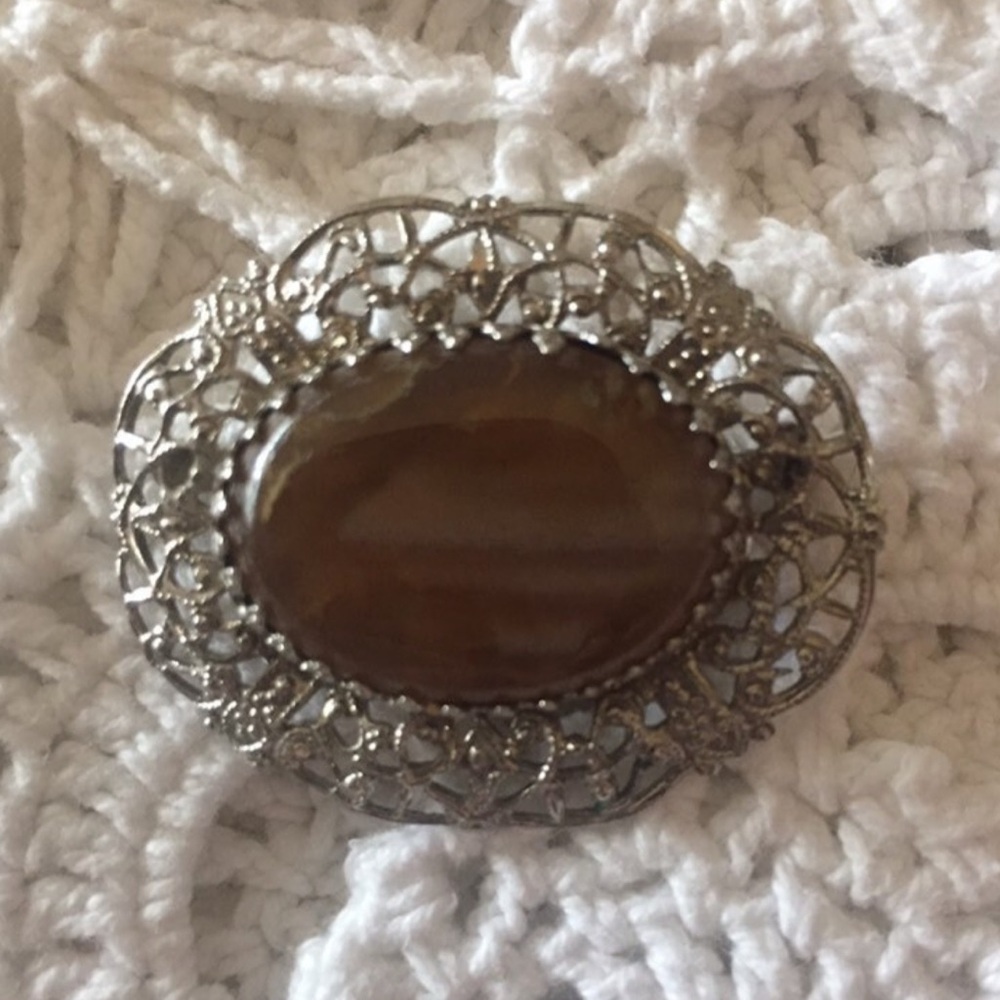 Vintage Avon Filigree Brooch with Brown Agate Center Retro Jewelry